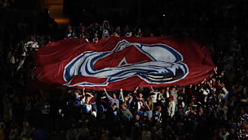 Jun 24, 2022; Denver, Colorado, USA; Colorado Avalanche fans raise a logo banner before game five of the 2022 Stanley Cup Final against the Tampa Bay Lightning at Ball Arena. Mandatory Credit: Mark J. Rebilas-Imagn Images