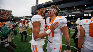Tennessee tight end Miles Kitselman (87) celebrates with quarterback Nico Iamaleava (8) after the game at FirstBank Stadium in Nashville, Tenn., Saturday, Nov. 30, 2024.