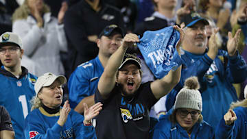 A Jacksonville Jaguars fan cheers during the third quarter after a touchdown score of a regular season NFL football matchup Sunday, Dec. 17, 2023 at EverBank Stadium in Jacksonville, Fla. The Baltimore Ravens defeated the Jacksonville Jaguars 23-7. [Corey Perrine/Florida Times-Union]