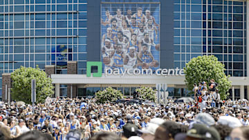 Jun 24, 2025; Oklahoma City, OK, USA; Oklahoma City Thunder fans gather outside Paycom Center to watch the 2024-25 Oklahoma City Thunder championship parade. Mandatory Credit: Alonzo Adams-Imagn Images