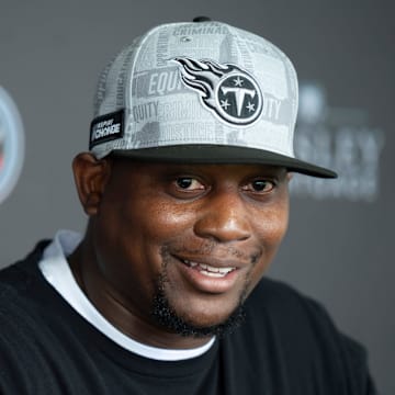 Tennessee Titans Defensive Coordinator Dennard Wilson fields questions during mandatory mini-camp at Ascension Saint Thomas Sports Park in Nashville, Tenn., Wednesday, June 5, 2024.