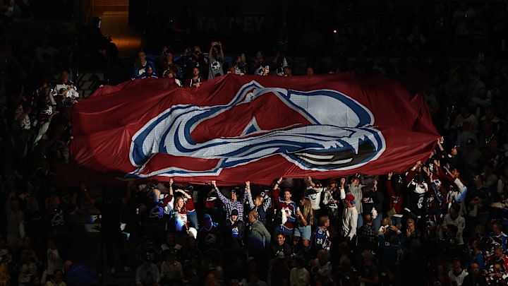 Jun 24, 2022; Denver, Colorado, USA; Colorado Avalanche fans raise a logo banner before game five of the 2022 Stanley Cup Final against the Tampa Bay Lightning at Ball Arena. Mandatory Credit: Mark J. Rebilas-Imagn Images