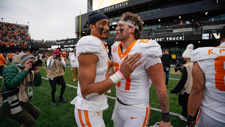 Tennessee tight end Miles Kitselman (87) celebrates with quarterback Nico Iamaleava (8) after the game at FirstBank Stadium in Nashville, Tenn., Saturday, Nov. 30, 2024.
