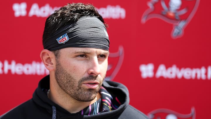 Jun 10, 2025; Tampa Bay, FL, USA; Tampa Bay Buccaneers quarterback Baker Mayfield (6) gives a press conference after mini camp at AdventHealth Training Center. Mandatory Credit: Nathan Ray Seebeck-Imagn Images