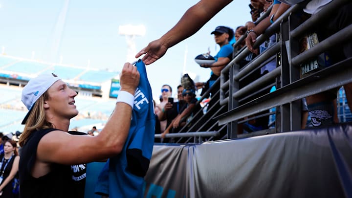 Jacksonville Jaguars quarterback Trevor Lawrence (16) signs autographs before a preseason NFL football game Saturday, Aug. 17, 2024 at EverBank Stadium in Jacksonville, Fla. [Corey Perrine/Florida Times-Union]