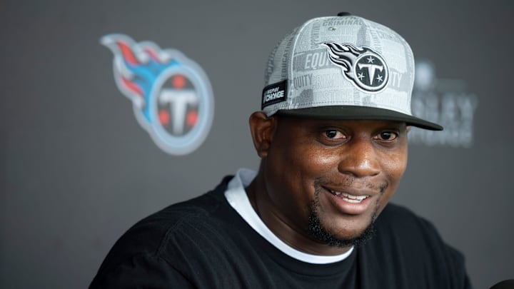 Tennessee Titans Defensive Coordinator Dennard Wilson fields questions during mandatory mini-camp at Ascension Saint Thomas Sports Park in Nashville, Tenn., Wednesday, June 5, 2024.