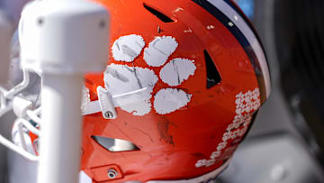 Oct 12, 2024; Winston-Salem, North Carolina, USA; A battle scarred Clemson Tigers helmet during the second half against the Wake Forest Demon Deacons at Allegacy Federal Credit Union Stadium. Mandatory Credit: Jim Dedmon-Imagn Images