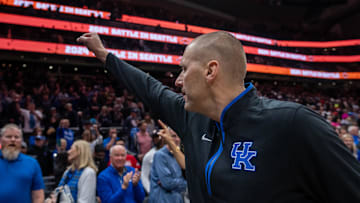 Dec 7, 2024; Seattle, Washington, USA;  Kentucky Wildcats head coach Mark Pope celebrates after a game against the Gonzaga Bulldogs at Climate Pledge Arena. Mandatory Credit: Stephen Brashear-Imagn Images