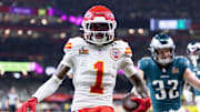 Kansas City Chiefs wide receiver Xavier Worthy against the Philadelphia Eagles in Super Bowl LIX at Ceasars Superdome. 
