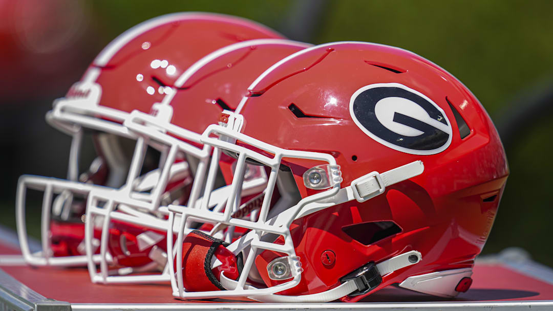 Apr 12, 2025; Athens, GA, USA; Georgia Bulldogs helmets on the bench during the Georgia Spring game at Sanford Stadium. Mandatory Credit: Dale Zanine-Imagn Images