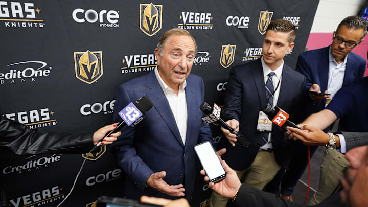 Oct 9, 2024; Las Vegas, Nevada, USA; NHL commissioner Gary Bettman answers questions from the media prior to a game between the Vegas Golden Knights and Colorado Avalanche at T-Mobile Arena. Mandatory Credit: Lucas Peltier-Imagn Images