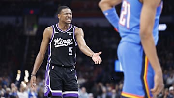 Apr 9, 2024; Oklahoma City, Oklahoma, USA; Sacramento Kings guard De'Aaron Fox (5) reacts to an officials call during the second half against the Oklahoma City Thunder at Paycom Center. Mandatory Credit: Alonzo Adams-Imagn Images