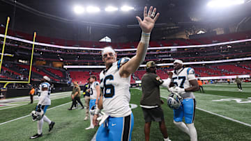 Nov 16, 2025; Atlanta, Georgia, USA; Carolina Panthers linebacker Christian Rozeboom (56) waves to fans after the game against the Atlanta Falcons at Mercedes-Benz Stadium. Mandatory Credit: Brett Davis-Imagn Images