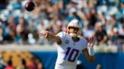 Los Angeles Chargers quarterback Justin Herbert (10) throws the ball during the first quarter of an NFL football game at EverBank Stadium, Sunday, Nov. 16, 2025 in Jacksonville, Fla. [Corey Perrine/Florida Times-Union]