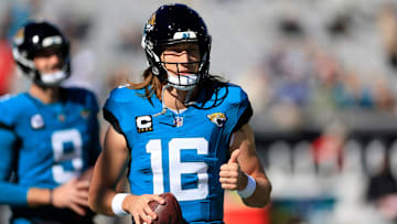 Jacksonville Jaguars quarterback Trevor Lawrence (16) gives a thumbs up before an NFL football matchup Sunday, Dec. 1, 2024 at EverBank Stadium in Jacksonville, Fla. [Corey Perrine/Florida Times-Union]