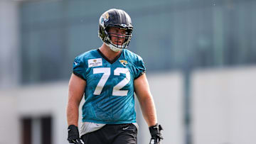 Jul 26, 2024; Jacksonville, FL, USA; Jacksonville Jaguars offensive tackle Walker Little (72) participates in training camp at Miller Electric Center. Mandatory Credit: Nathan Ray Seebeck-Imagn Images