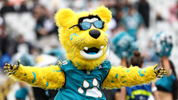 Oct 6, 2024; Jacksonville, Florida, USA; Jacksonville Jaguars mascot Jaxson De Ville  entertains the fans before a between the Jacksonville Jaguars and Indianapolis Colts at EverBank Stadium. Mandatory Credit: Nathan Ray Seebeck-Imagn Images