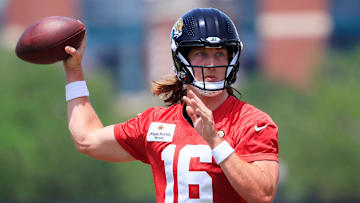 Jacksonville Jaguars quarterback Trevor Lawrence (16) looks to pass during the first organized team activity at Miller Electric Center Monday, May 19, 2025 in Jacksonville, Fla.