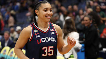 Apr 4, 2025; Tampa, FL, USA;  Connecticut Huskies guard Azzi Fudd (35) leaves the court after defeating the UCLA Bruins during the fourth quarter in a semifinal of the women's 2025 NCAA tournament at Amalie Arena. Mandatory Credit: Nathan Ray Seebeck-Imagn Images