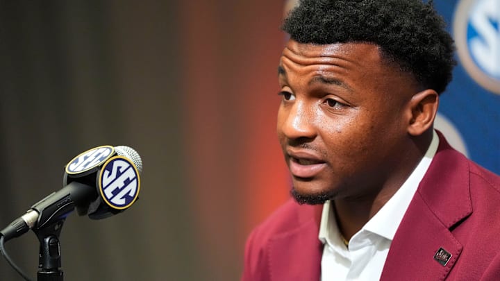 July 16, 2025; Atlanta, GA, USA; Mississippi State player Isaac Smith speaks to reporters during SEC Media Days at the College Football Hall of Fame in Atlanta.