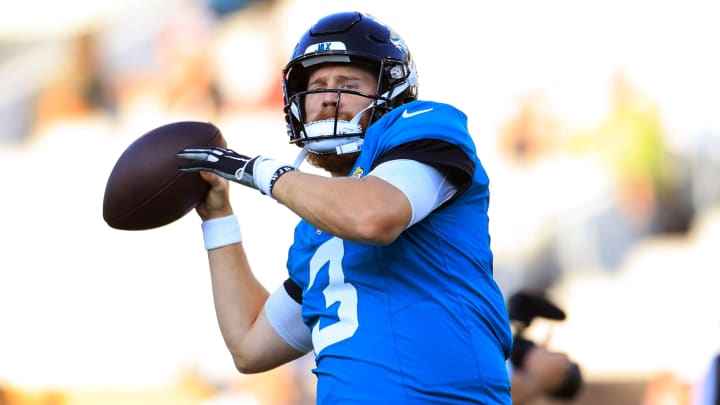 Jacksonville Jaguars quarterback C.J. Beathard (3) warms up before a preseason NFL football game Saturday, Aug. 17, 2024 at EverBank Stadium in Jacksonville, Fla. [Corey Perrine/Florida Times-Union]