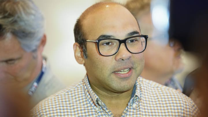 Nov 9, 2022; Las Vegas, NV, USA; San Francisco Giants president of baseball operations Farhan Zaidi answers questions from the media during the MLB GM Meetings at The Conrad Las Vegas