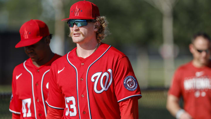 Feb 16, 2023; West Palm Beach, FL, USA; Washington Nationals pitcher Zach Brzykcy (83) walks toward a practice field during a spring training workout at The Ballpark of the Palm Beaches