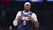 Nov 19, 2025; Oklahoma City, Oklahoma, USA; Oklahoma City Thunder guard Luguentz Dort (5) runs down the court against the Sacramento Kings during the second quarter at Paycom Center. Mandatory Credit: Alonzo Adams-Imagn Images