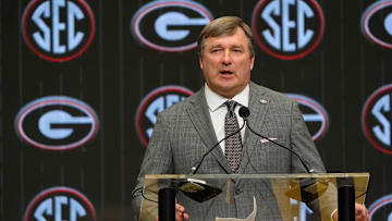July 15, 2025; Atlanta, GA, USA; Georgia head coach Kirby Smart speaks in the Main Media Room during SEC Media Days at the College Football Hall of Fame in Atlanta.