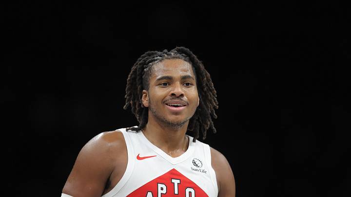 Nov 11, 2025; Brooklyn, New York, USA; Toronto Raptors forward Collin Murray-Boyles (12) during the third quarter against the Brooklyn Nets at Barclays Center. Mandatory Credit: Brad Penner-Imagn Images