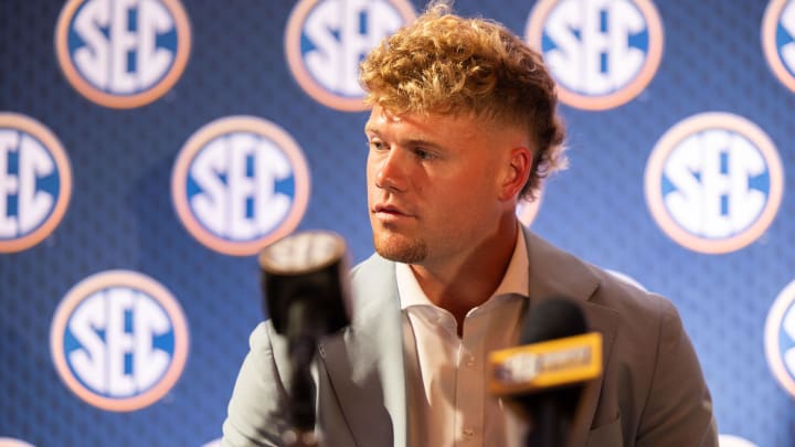 Jul 17, 2024; Dallas, TX, USA; Mississippi State quarterback Blake Shapen speaking at Omni Dallas Hotel. Mandatory Credit: Brett Patzke-USA TODAY Sports