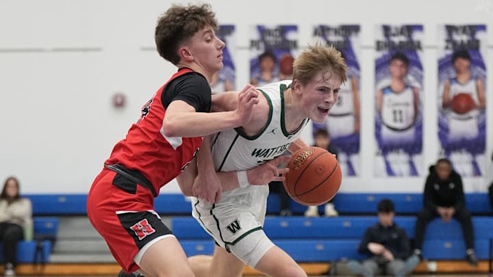 Waterford's Caden Gustafson, right, works to get past Sussex Hamilton's Jack Young.