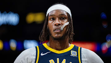 Jan 14, 2025; Indianapolis, Indiana, USA;  Indiana Pacers center Myles Turner (33) in the second half against the Cleveland Cavaliers at Gainbridge Fieldhouse. Mandatory Credit: Trevor Ruszkowski-Imagn Images