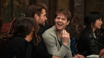 (L-R) Anya Chalotra, Liam Hemsworth, Joey Batey, and Meng'er Zhang at The Witcher season 4 table read
