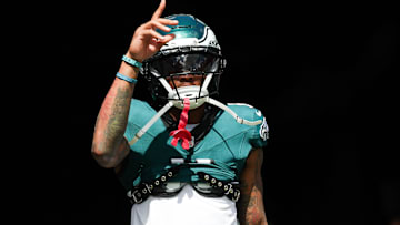 Sep 28, 2025; Tampa, Florida, USA; Philadelphia Eagles wide receiver Devonta Smith (6) enters the field before the game against the Tampa Bay Buccaneers at Raymond James Stadium. Mandatory Credit: Nathan Ray Seebeck-Imagn Images