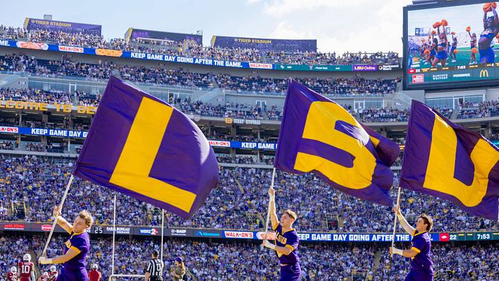 Nov 15, 2025; Baton Rouge, Louisiana, USA;  LSU Tigers cheerleaders react to a touchdown against the Arkansas Razorbacks during the second half at Tiger Stadium. Mandatory Credit: Stephen Lew-Imagn Images