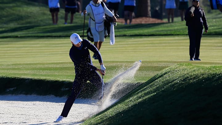 Jordan Spieth holed out for eagle from this bunker at the 11th hole Thursday at TPC Sawgrass.