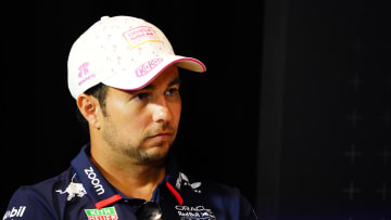 May 2, 2024; Miami Gardens, Florida, USA; Red Bull Racing driver Sergio Perez (11)  during a press in advance of the Miami Grand Prix at the Miami International Autodrome. Mandatory Credit: John David Mercer-USA TODAY Sports