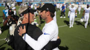 Jacksonville Jaguars head coach Doug Pederson, left, talks with Indianapolis Colts head coach Shane Steichen after an NFL football matchup Sunday, Oct. 15, 2023 at EverBank Stadium in Jacksonville, Fla. The Jacksonville Jaguars defeated the Indianapolis Colts 37-20. [Corey Perrine/Florida Times-Union]