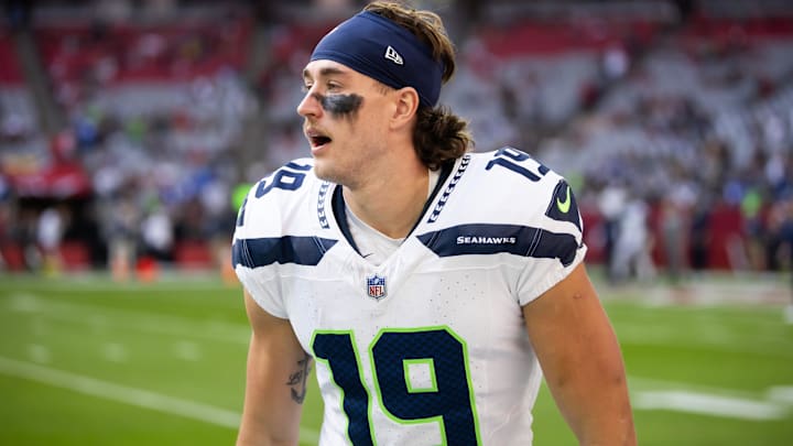 Dec 8, 2024; Glendale, Arizona, USA; Seattle Seahawks wide receiver Jake Bobo (19) against the Arizona Cardinals at State Farm Stadium. Mandatory Credit: Mark J. Rebilas-Imagn Images