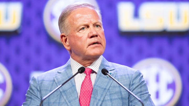 Jul 15, 2024; Dallas, TX, USA; LSU head coach Brian Kelly speaking at Omni Dallas Hotel. 