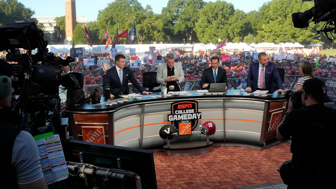 Oct. 4, 2025; Tuscaloosa, Alabama, USA; Rece Davis, Pat McAfee, Nick Saban and Kirk Herbstreit host ESPN’s College GameDay on location on the Quad at the University of Alabama before the Alabama versus Vanderbilt game.