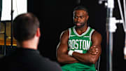 Sep 24, 2024; Boston, MA, USA; Boston Celtics guard Jaylen Brown (7) during media day at Auerbach Center. Mandatory Credit: David Butler II-Imagn Images