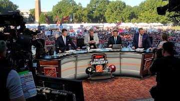 Oct. 4, 2025; Tuscaloosa, Alabama, USA; Rece Davis, Pat McAfee, Nick Saban and Kirk Herbstreit host ESPN’s College GameDay on location on the Quad at the University of Alabama before the Alabama versus Vanderbilt game.