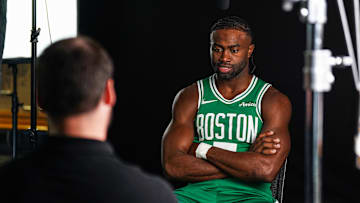 Sep 24, 2024; Boston, MA, USA; Boston Celtics guard Jaylen Brown (7) during media day at Auerbach Center. Mandatory Credit: David Butler II-Imagn Images