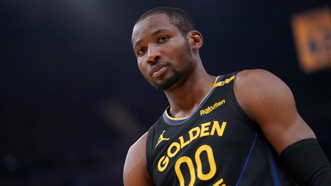 May 12, 2025; San Francisco, California, USA; Golden State Warriors forward Jonathan Kuminga (00) stands on the court before a play against the Minnesota Timberwolves in the second quarter during game four of the second round for the 2025 NBA Playoffs at Chase Center. Mandatory Credit: Cary Edmondson-Imagn Images