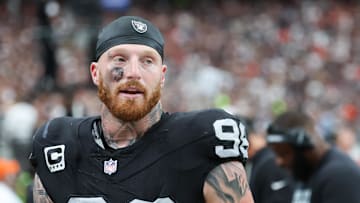 Sep 28, 2025; Paradise, Nevada, USA; Las Vegas Raiders defensive end Maxx Crosby (98) looks on from the sideline during the first quarter against the Chicago Bears at Allegiant Stadium. Mandatory Credit: Kiyoshi Mio-Imagn Images