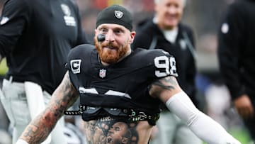 Sep 28, 2025; Paradise, Nevada, USA; Las Vegas Raiders defensive end Maxx Crosby (98) warms up prior to the game against the Chicago Bears at Allegiant Stadium. Mandatory Credit: Kiyoshi Mio-Imagn Images