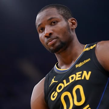 May 12, 2025; San Francisco, California, USA; Golden State Warriors forward Jonathan Kuminga (00) stands on the court before a play against the Minnesota Timberwolves in the second quarter during game four of the second round for the 2025 NBA Playoffs at Chase Center. Mandatory Credit: Cary Edmondson-Imagn Images