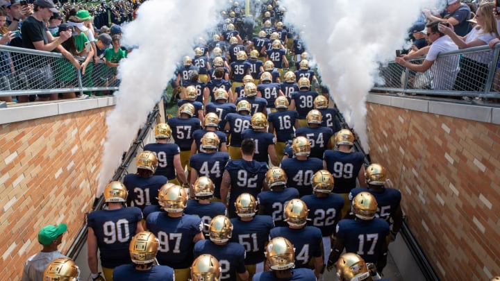 Sep 10, 2022; South Bend, Indiana, USA; The Notre Dame Fighting run out of the tunnel before the game against the Marshall Thundering Herd at Notre Dame Stadium.